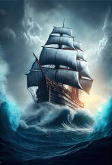 a fantasy sailing ship sail, a ship in the water, illustration with boat water