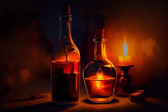 a couple of wine bottle, a group of lit candles, illustration with bottle liquid