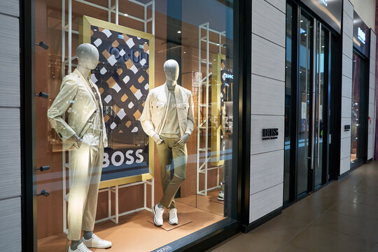 SAINT PETERSBURG, RUSSIA - CIRCA SEPTEMBER, 2022: dressed mannequins on display at Hugo Boss store.