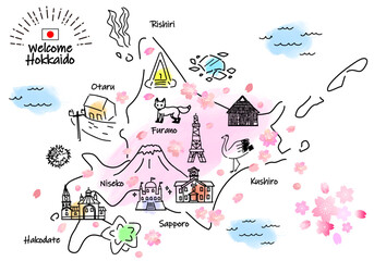 春の北海道の観光地のシンプル線画イラストマップ（ピンク）