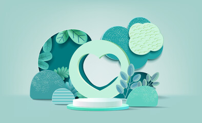Stage podium decor with plant shape. 3d pedestal natural scene for product display. Vector illustration.