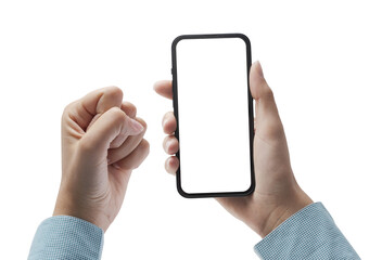 PNG file no background Successful winner woman holding a phone