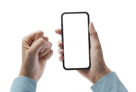 PNG file no background Successful winner woman holding a phone