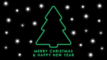 Happy New Year, postcard. Neon green Christmas tree and stars on a black background. Holiday postcard design.