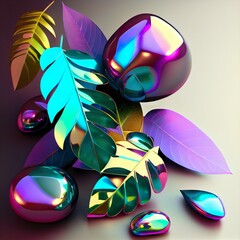 3d, abstract colorful iridescent glass, a group of colorful objects, illustration with purple organism