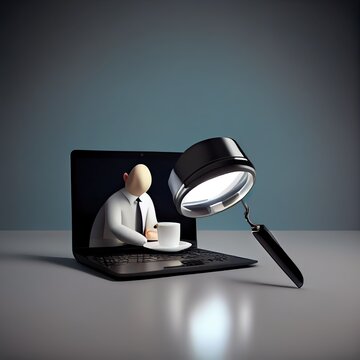 3d businessman using laptop computer, a laptop with a lamp and a phone on the side, illustration with automotive design