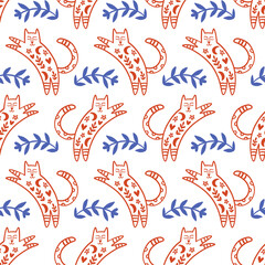 Trendy Folk art Cats Seamless Pattern