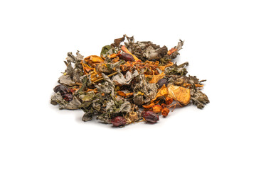 Dry tea leaves and dry fruit isolated on white background.