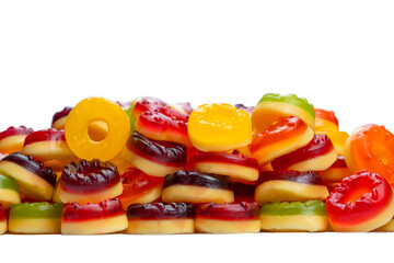 Assorted colorful gummy candies. Top view. Jelly donuts. Jelly bears. Isolated on a white background.