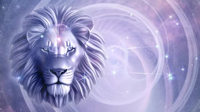 Lion and Cosmic Portal 3D illustration, Meditation Animation