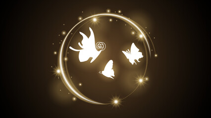 Obraz na płótnie Canvas Abstract Dark Background With Butterflies Insects Glow Light Shine Flashes Vector Design Style