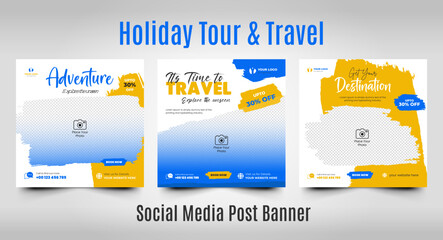 Travel social media post template for summer holiday tourism marketing and offer sale web square flyer post or banner design promotion vector template.