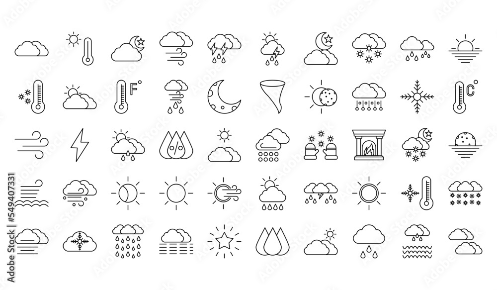 Wall mural Set of 50 weather web icons in line style. Weather , clouds, sunny day, moon, snowflakes, wind, sun day. Vector illustration