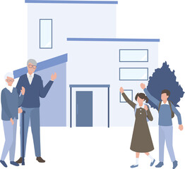 Fototapeta premium おじいちゃんおばあちゃんの家に遊びに行く孫と自宅で待つシニア夫婦