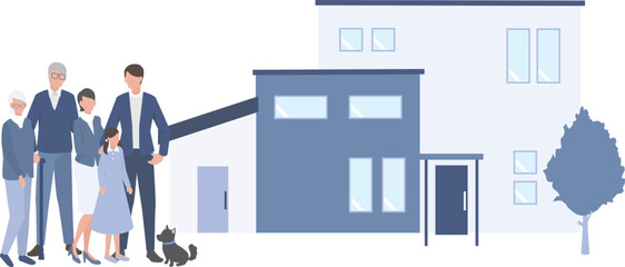 ２世帯住宅と仲むつまじい家族とペットの犬