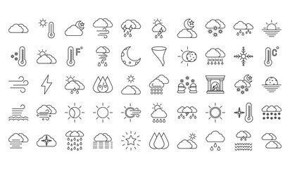Obraz na płótnie Canvas Set of 50 weather web icons in line style. Weather , clouds, sunny day, moon, snowflakes, wind, sun day. Vector illustration