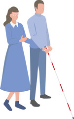 白杖を持った視覚障がい者の男性と介助する女性