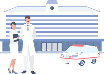大きな総合病院と救急車と働く男性の医者と女性の看護師
