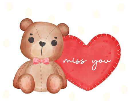 Cute Valentine Teddy bear with heart, adorable cartoon watercolor hand drawn vector illustration 