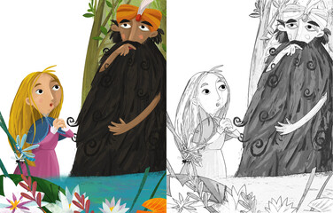 cartoon wise older man jinn thinking and girl princess