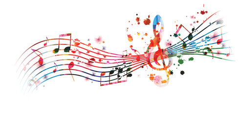 Vibrant music background with colorful musical notes and G-clef isolated. Vector illustration. Artistic music festival poster design, live concert events, party flyer, music notes signs and symbols - 549407741