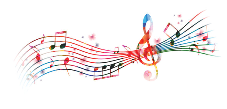 Vibrant music background with colorful musical notes and G-clef isolated. Vector illustration. Artistic music festival poster design, live concert events, party flyer, music notes signs and symbols
