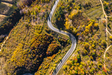 Winding road through the forest. Beautiful autumn landscape with winding road. Aerial drone shot.