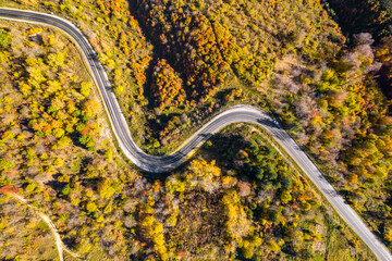 Winding road through the forest. Beautiful autumn landscape with winding road. Aerial drone shot.