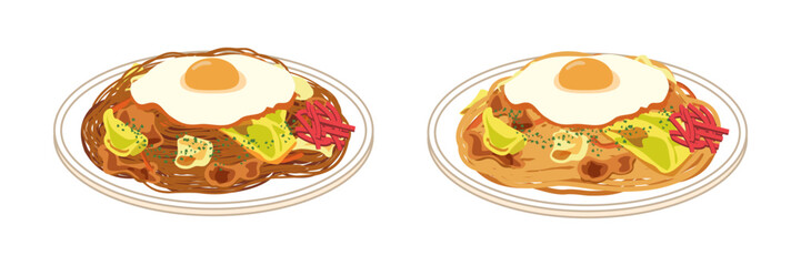 目玉焼きを乗せた焼きそばと焼きうどんのセット