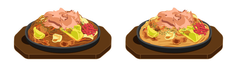 かつお節を乗せた焼きそばと焼きうどんのセット・鉄板