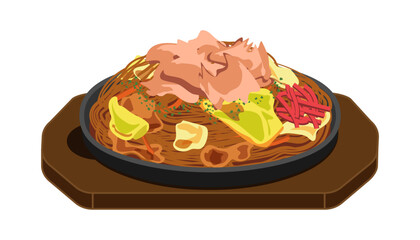 かつお節を乗せた焼きそば・鉄板