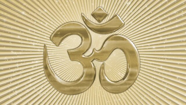 Om Symbol on Gold Rays Background 3D illustration, Meditation Animation