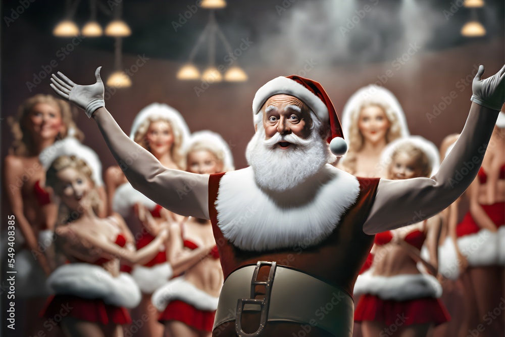 Wall mural Digital painting of happy Santa invites for opening of the 2022 Xmas season in a Christmas commercial tv show. Accompanied by beautiful blonde elves. Dressed in a xmas red-white vacation Santa outfit.