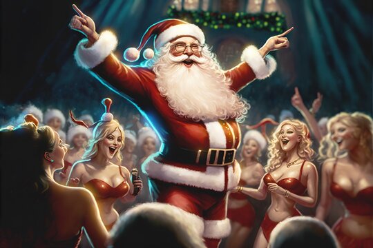 Santa Claus celebrates the opening of the 2022 christmas season. Performing on stage during the wild party. Beautiful female elves go wild with delight. Santa Claus the star of the evening.