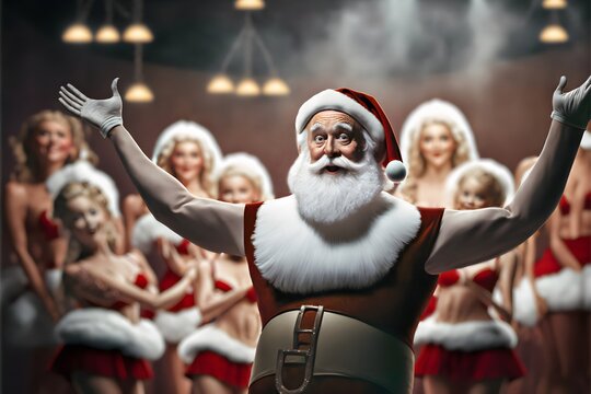 Digital painting of happy Santa invites for opening of the 2022 Xmas season in a Christmas commercial tv show. Accompanied by beautiful blonde elves. Dressed in a xmas red-white vacation Santa outfit.