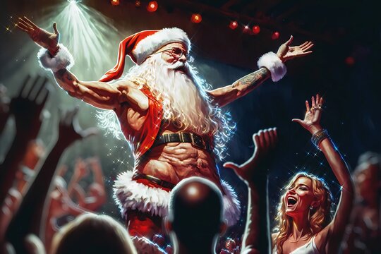Santa Claus performing on stage during the wild party as a rock star celebrates the opening of the christmas season. Beautiful female elves go wild with delight. Santa Claus the star of the evening