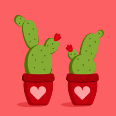 Two doodle cacti in the flower pots with heart ornament. Valentine, wedding, love cards, print for decorating clothing