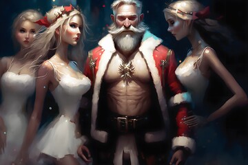 Muscular macho Santa accompanied by beautiful divine elves. Presenting the new collection of Christmas clothing for Santa. Fancy mustache and beard. Digital painting - obrazy, fototapety, plakaty