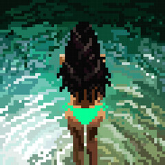 Half-naked beautiful young girl is standing. back view, she's wearing a bright green thong swimsuit. sea's water is azure blue pale green. Woman is tanned, long dark hair. Pixel Art. Mosaic Vintage