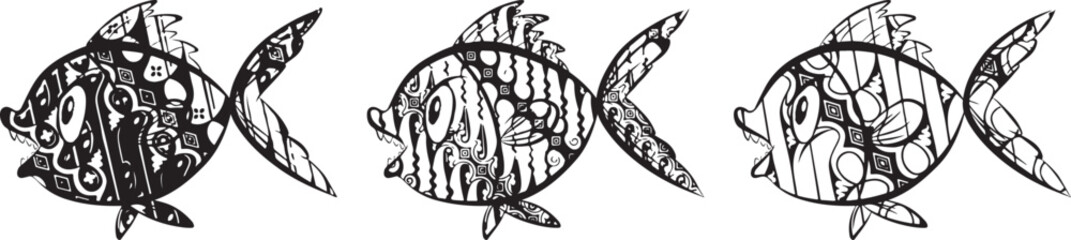 fish icons showing aquatic animals with various fins, scales, tail and gills swimming in water, as skeletons.