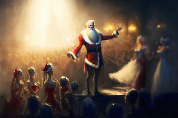 Fototapeta na wymiar A grand ceremony to celebrate the upcoming winter season 2022 and Christmas eve by Santa Claus. The event takes place in the Santas Palace. Digital painting