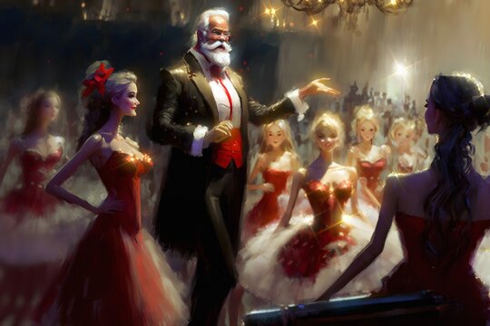 Dignified and gallant Santa claus as a Gentleman dressed in a beautiful and perfectly tailored Christmas suit, adored by female elves with blonde dressed in beautiful ball gowns. Digital oil painting