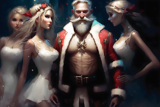 Muscular macho Santa accompanied by beautiful divine elves. Presenting the new collection of Christmas clothing for Santa. Fancy mustache and beard. Digital painting