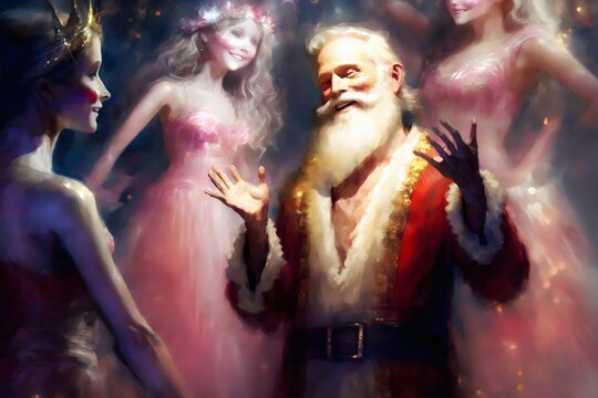 Santa Claus visiting the snow queen. He raises his hands in awe of her beauty. He greets her with a broad smile. Beautiful elves delighted by Santa's presence. Digital painting.
