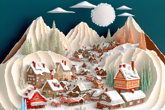 Merry Christmas and Happy New Year. illustration of Santa Claus secret town hidden between mountans ,paper art cut and digital craft style. Xmas postcard concept. Beautiful digitial painting art.