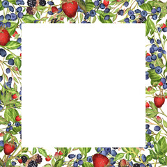 Hand-drawn watercolor frame with wild strawberry, blueberry and blackberry