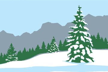 Fototapeta premium Exclusive winter landscape illustration. Premium colorful abstract background with dynamic shadow, consisting of hills, snow, ice, trees, forest, gradient , artistic texture, epic mountains, beautiful