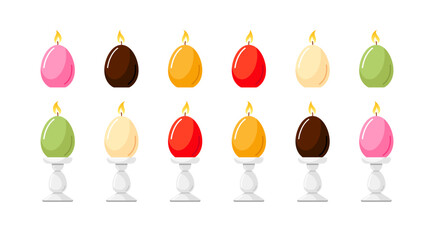 Easter candles with fire in glass candlesticks. Egg shape aroma wax with burning flame for spa, relax, cozy home interior. Set of vector colorful cartoon illustrations isolated on white background