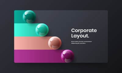 Abstract realistic spheres site screen layout. Isolated presentation vector design template.