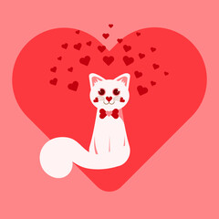 One cat in love on big heart background for valentine's day, cute cartoon character, vector illustrations in flat style